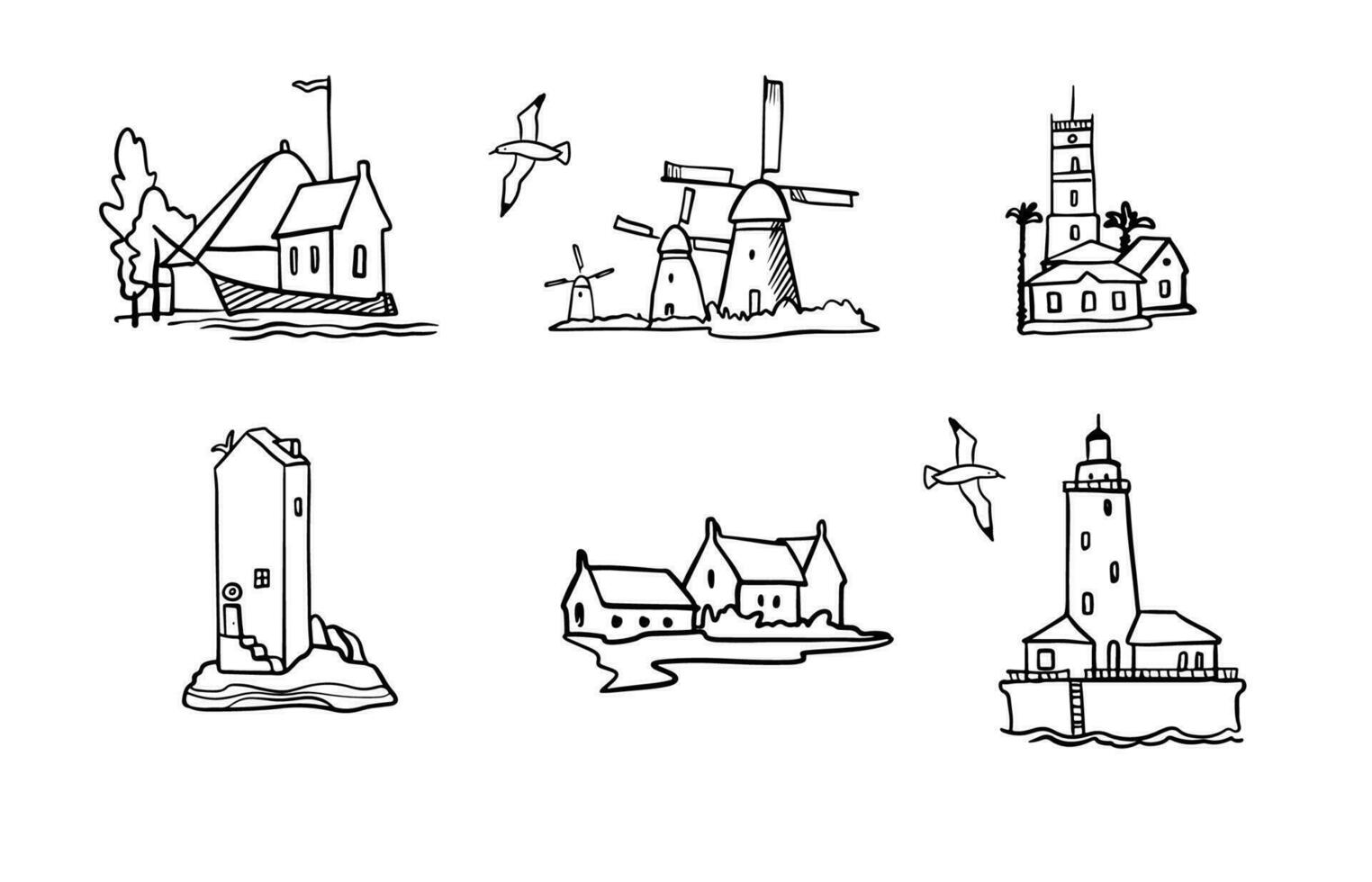 set line of various buildings. Houses, mills, lighthouses. Doodle stile vector