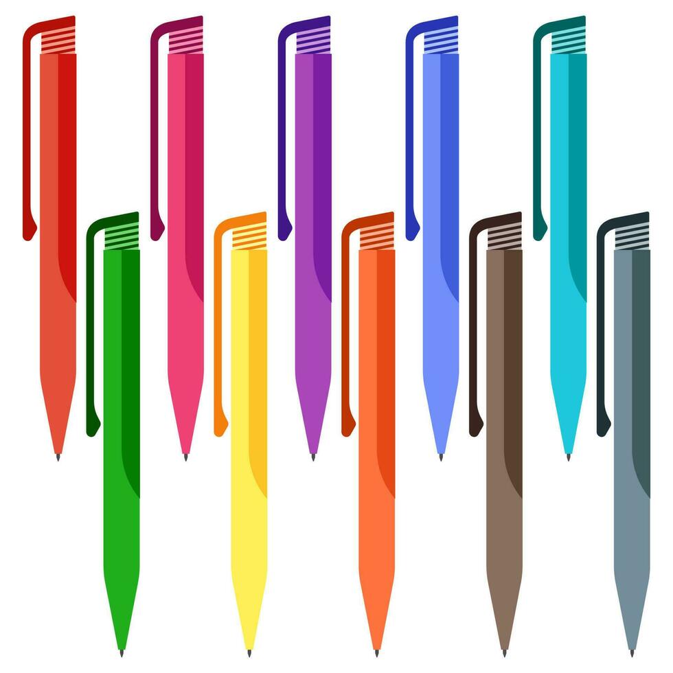Set of multi-colored pens on a white background. Vector illustration.