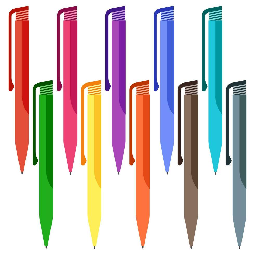 Set of multi-colored pens on a white background. Vector illustration.