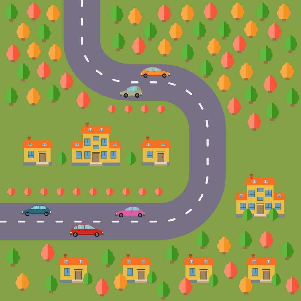 Plan of village. Landscape with the road, forest, cars and houses. Vector illustration