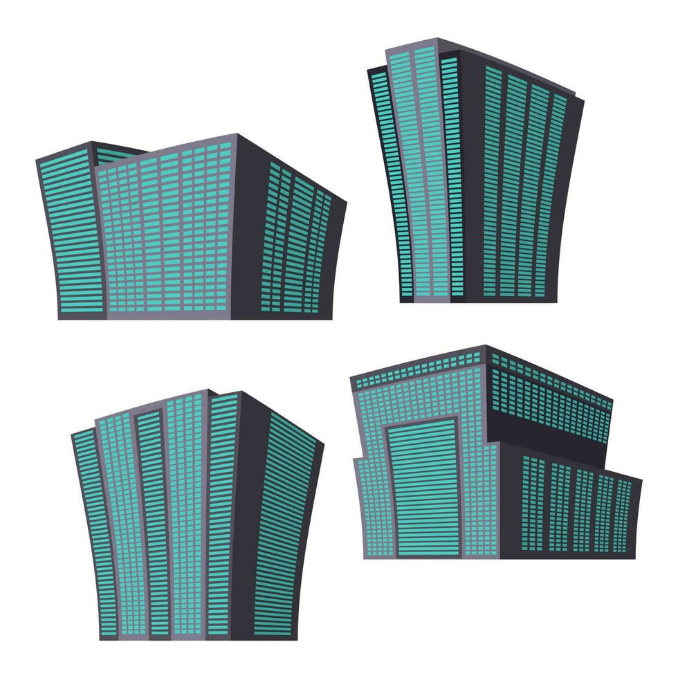 Set of four modern high-rise building on a white background. View of the building from the bottom. Isometric vector illustration.