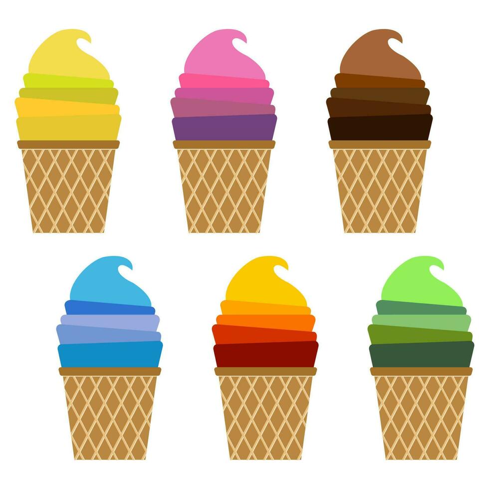Set of ice creams. Waffle cups with ice creams. Vector illustration.