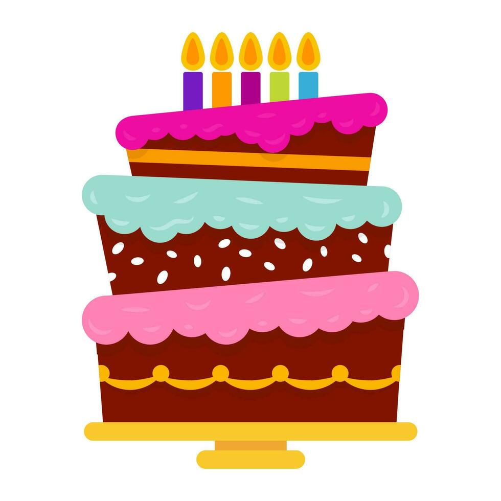 Sweet birthday cake with five burning candles. Colorful holiday dessert. Vector celebration background.