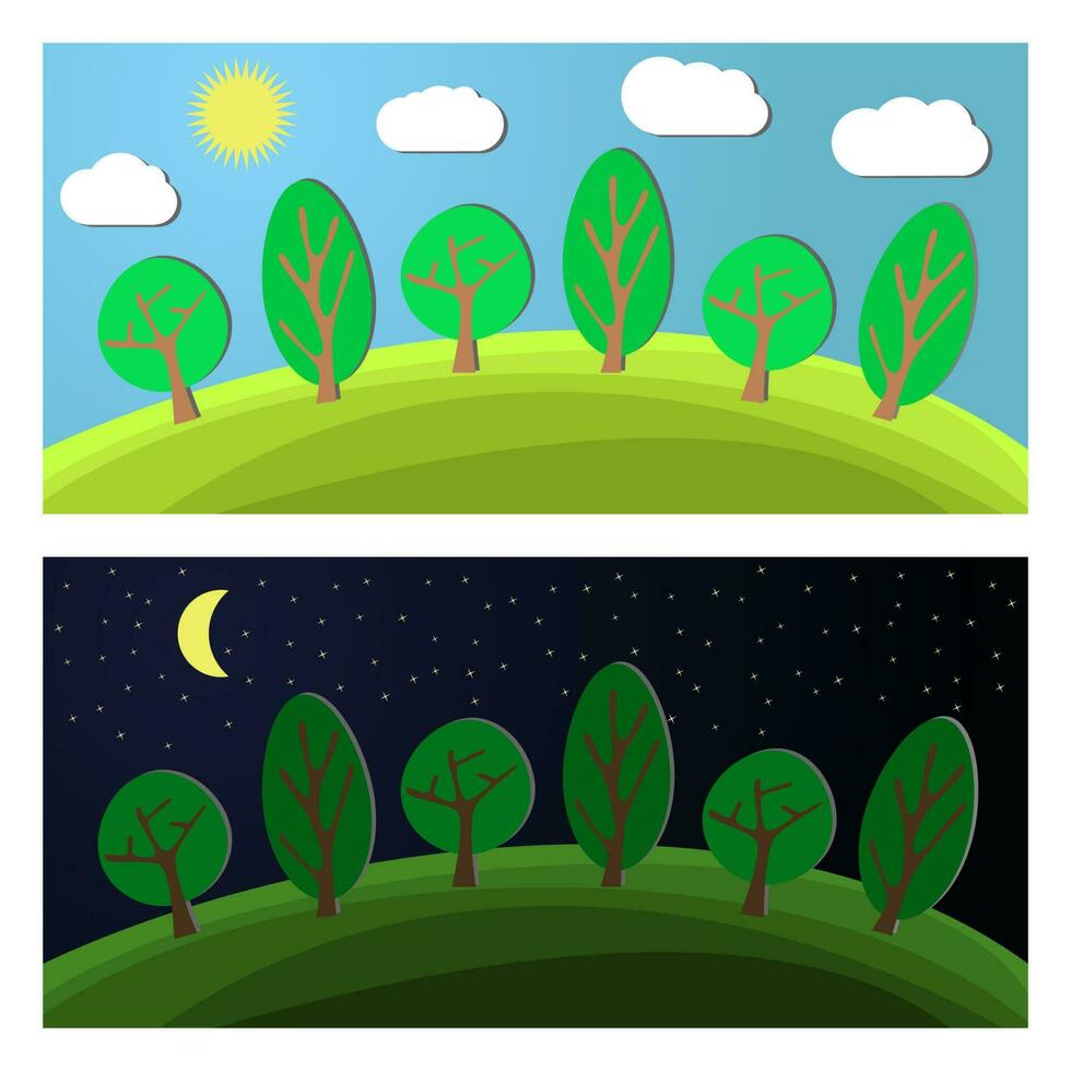 Edge of the Forest. Day and Night on a Clearing in the Forest. vector