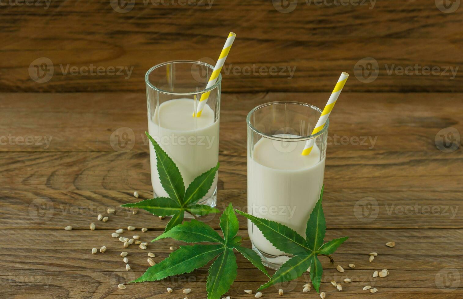Glasses with Cannabis herbal vegan gluten and lactose free milk and cannabis leaves on wooden table photo