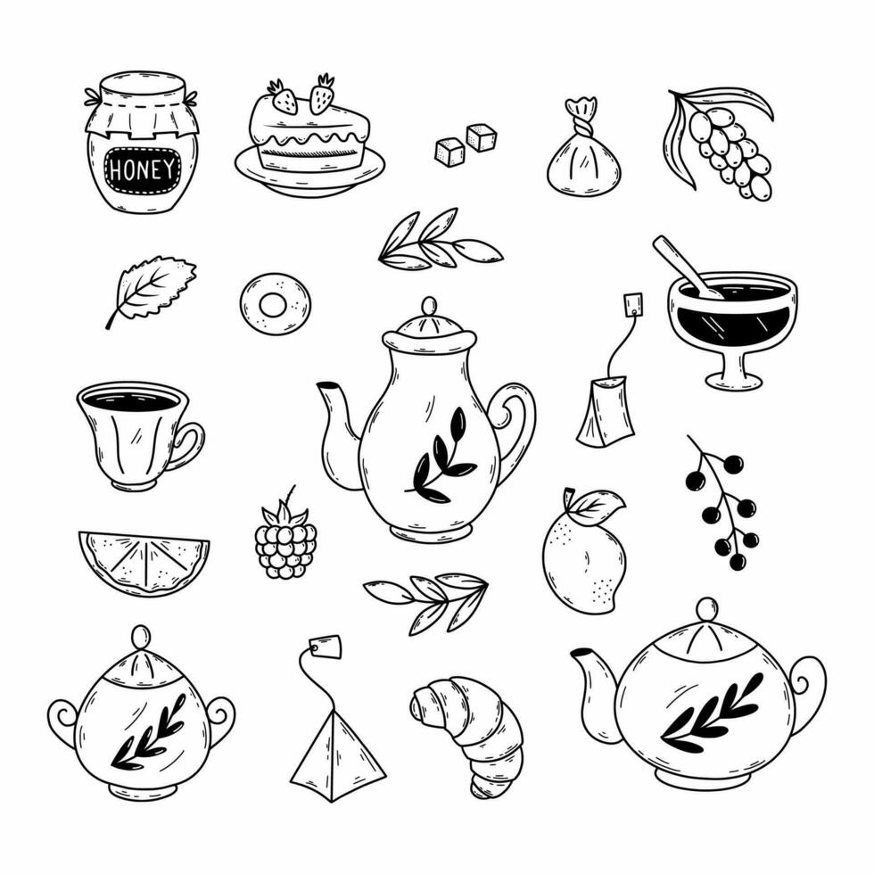 Ceremonia del té. establecer ilustraciones de garabatos. café y postre. boceto dibujado a mano para el menú del restaurante. vector