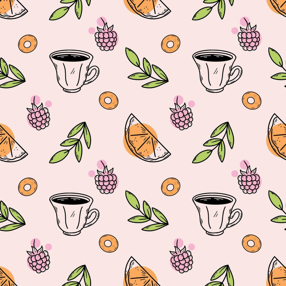 Seamless pattern for cafe or restaurant. Tea ceremony. Set of doodle illustrations. vector