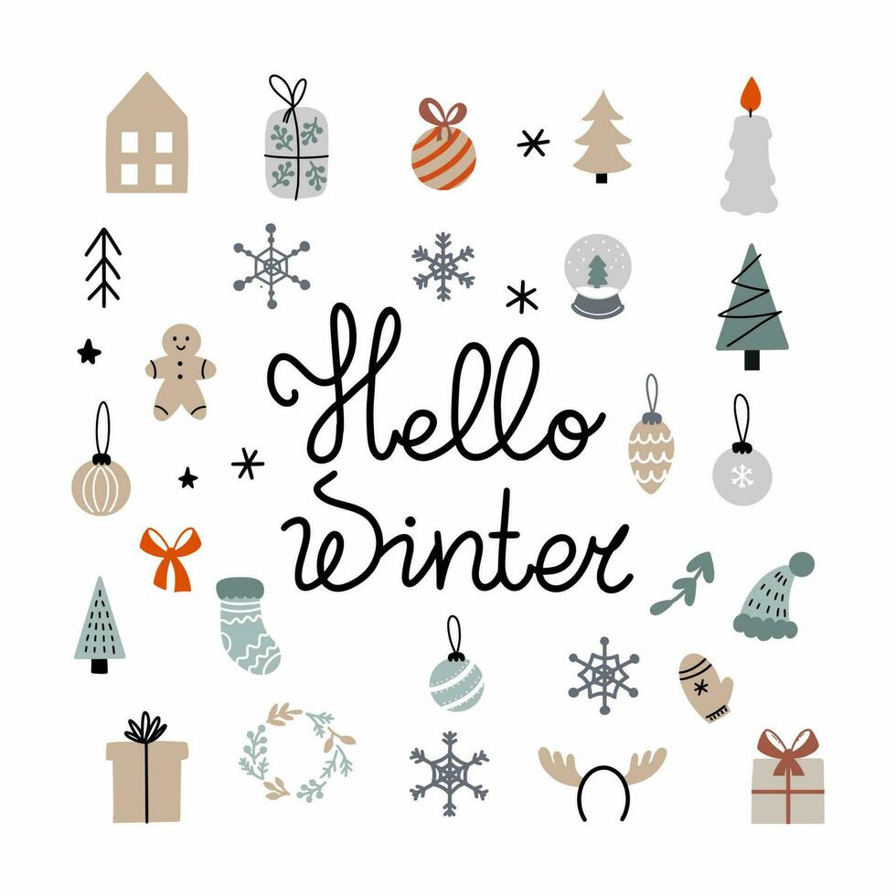 Lettering hello winter. New Year and Christmas. Set of doodle icons. vector