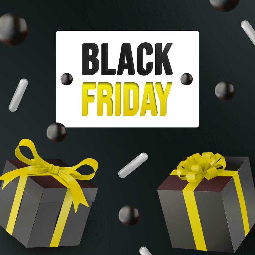 Black friday square post realistic 3d gifts and geometric elements vector