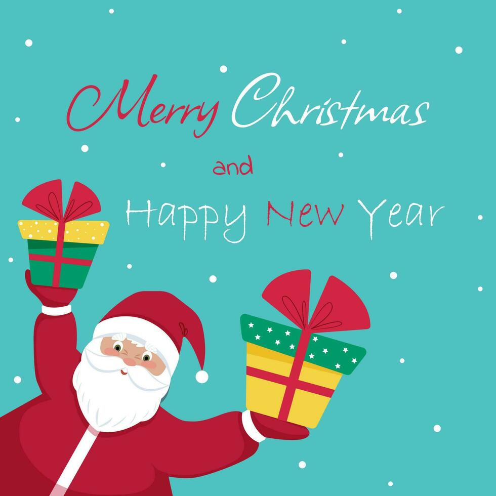 Santa Claus gives gifts greeting card, Merry Christmas and New Year. Vector illustration in flat cartoon style