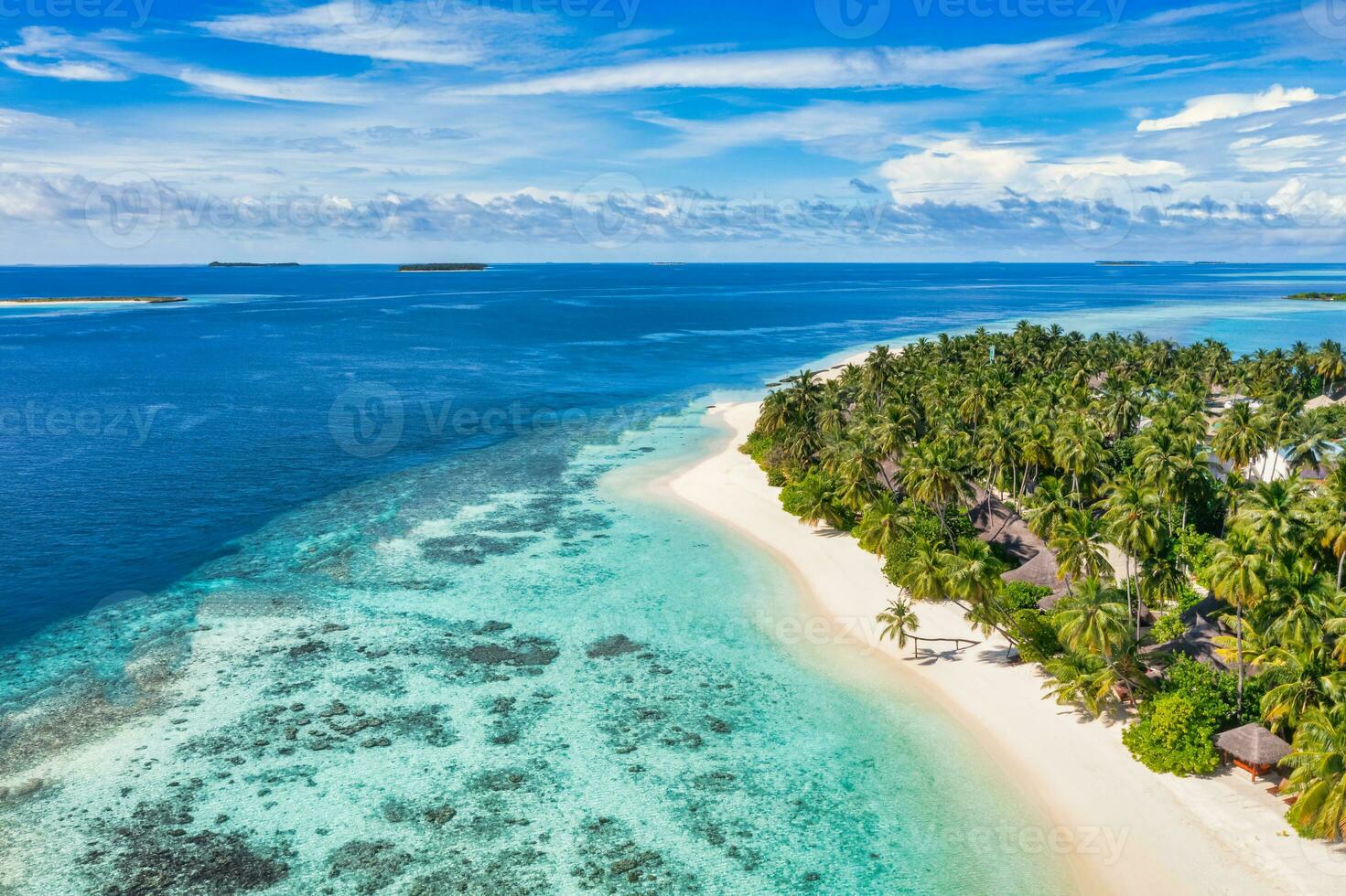 increíble playa de la isla. maldivas desde vista aérea tranquilo paisaje tropical junto al mar con palmeras en la playa de arena blanca. costa de naturaleza exótica, isla de resort de lujo. hermoso turismo de vacaciones de verano foto