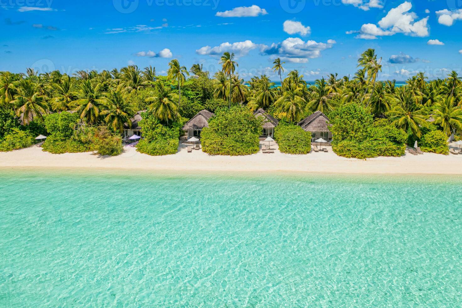 increíble playa de la isla. maldivas desde vista aérea tranquilo paisaje tropical junto al mar con palmeras en la playa de arena blanca. costa de naturaleza exótica, isla de resort de lujo. hermoso turismo de vacaciones de verano foto