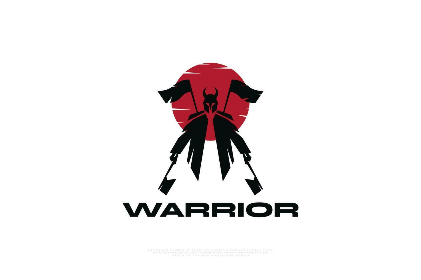 Warrior Illustration with Two Axes in His Hands and Two Flags on His Back. Knight Logo Illustration with Red Moon Behind. Barbarian Silhouette vector