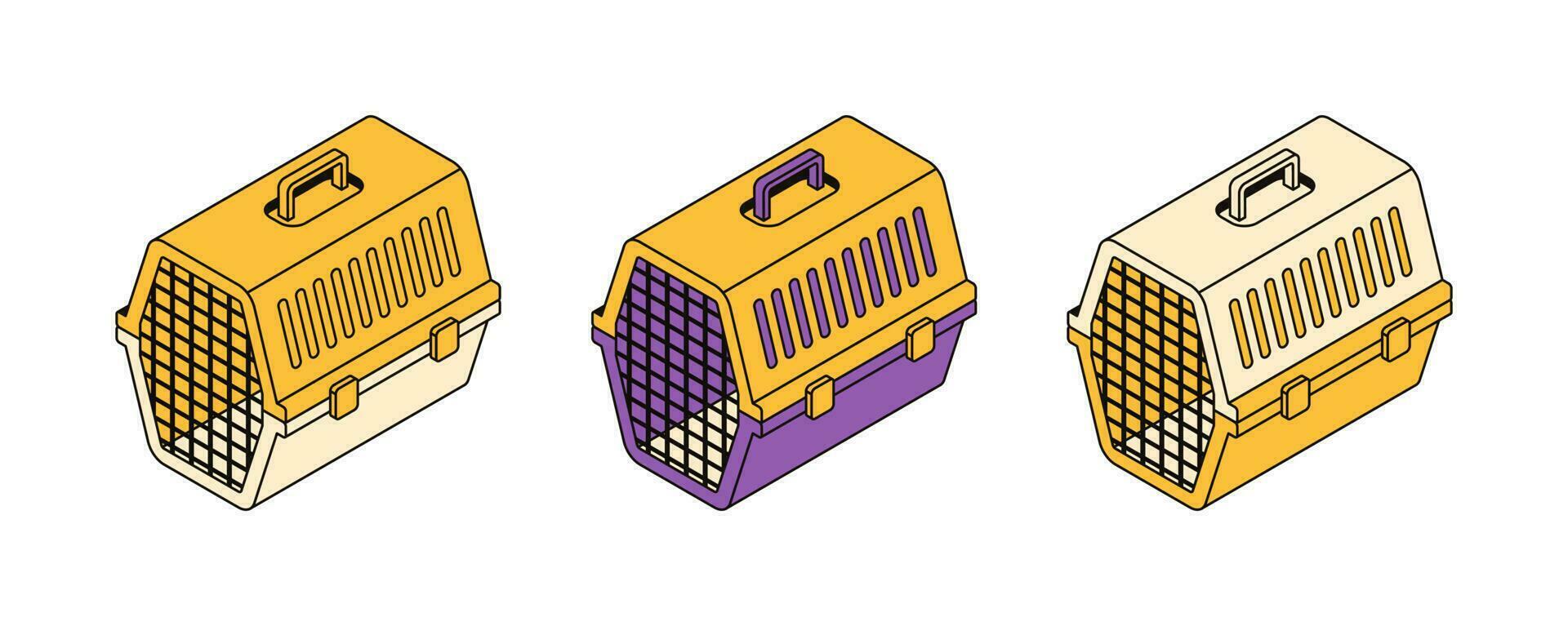 Vector set of 3d pet carrier icons. Collection of objects for carrying dogs, cats, rabbits and other animals