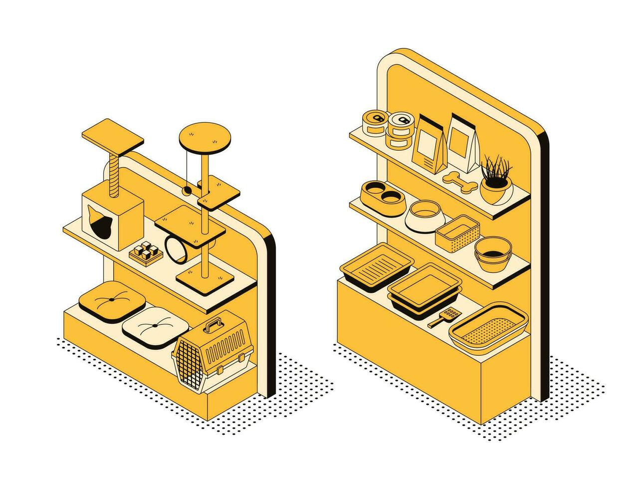 Vector isometric illustration, pet store showcase with goods. Collection of 3d objects on the theme of animal care. Pet carrier, scratching post, food for cats and dogs, bowls and other accessories