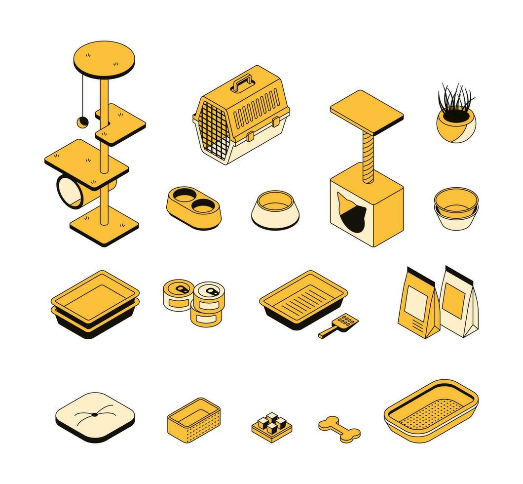 Vector set of isometric pet shop goods objects.  Collection of 3d icons on the theme of animal care. Pet carrier, scratching post, food for cats and dogs, bowls and other accessories