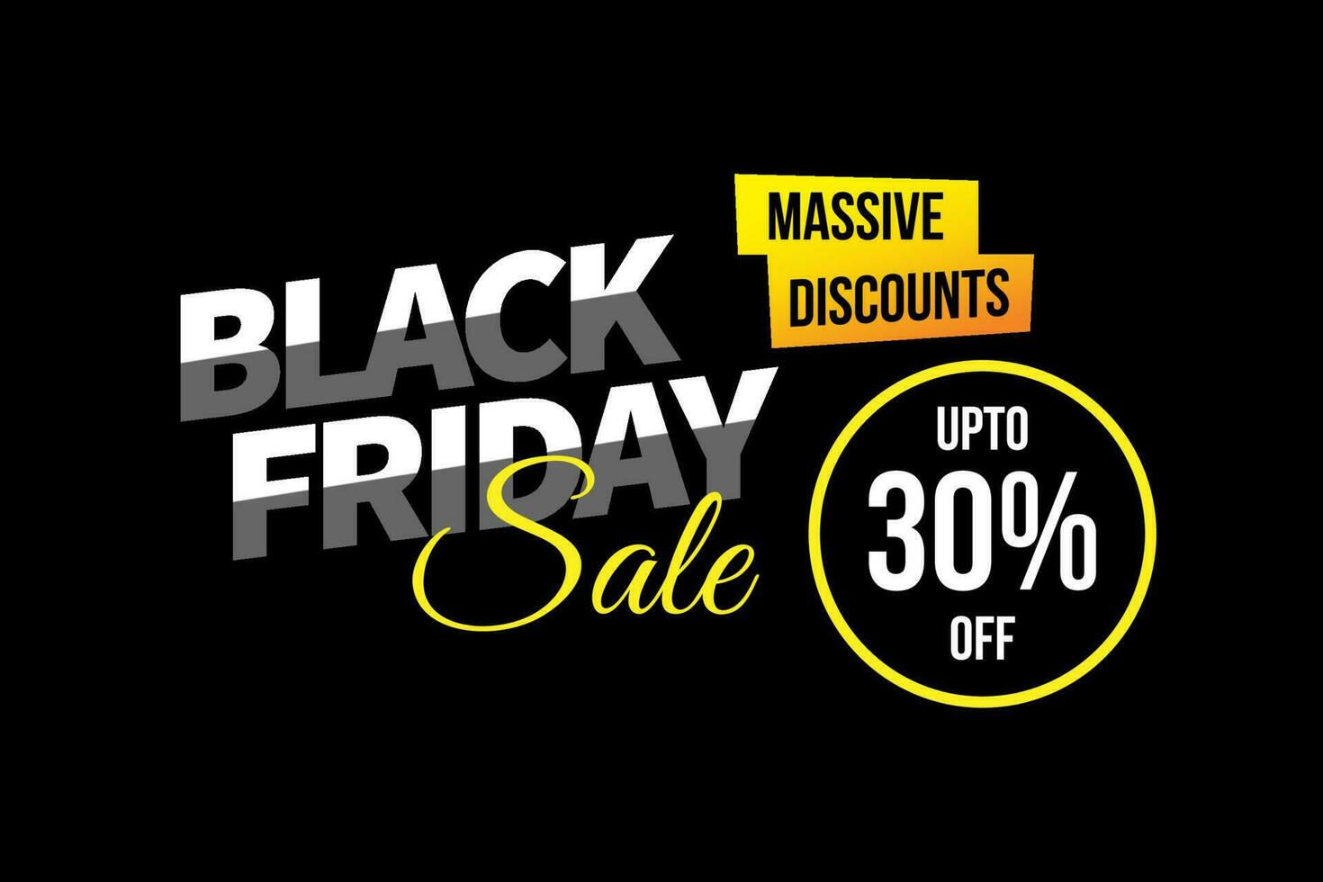 Black Friday sale banner, massive discounts, with black background and two tone text vector