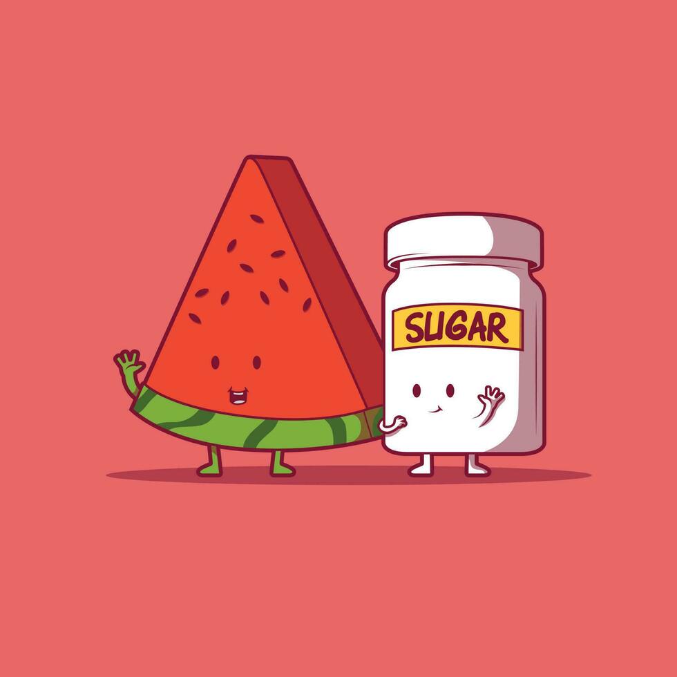 ilustración vectorial de personajes de sandía y azúcar. comida, divertido, concepto de diseño de verano. vector