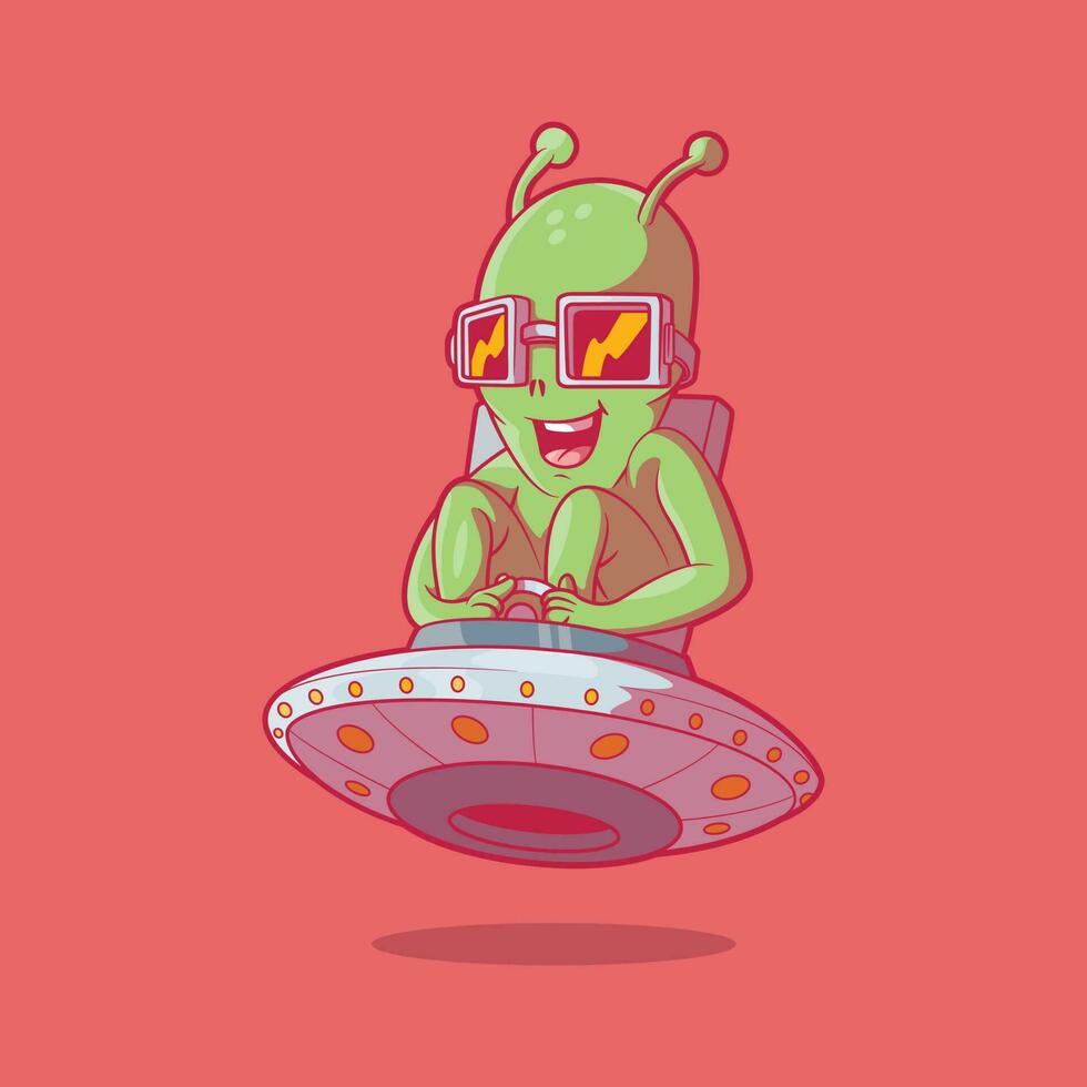 Alien Character flying a spaceship vector illustration. Space, sci-fi, funny design concept.