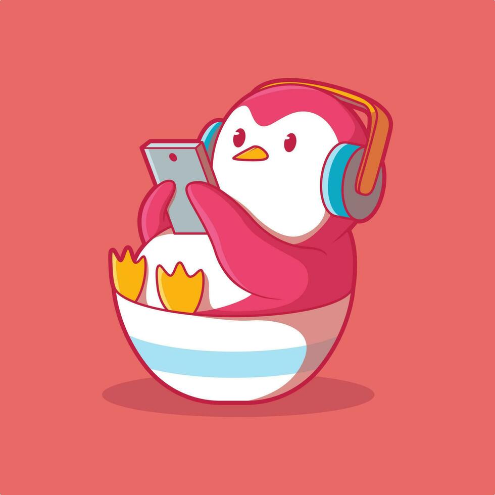 Cute Penguin character using smartphone vector illustration. Tech, animal, funny design concept.