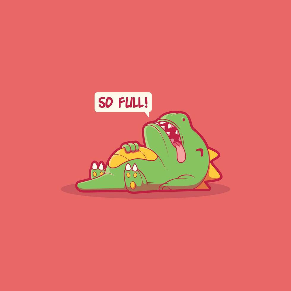 Funny Dinosaur full with food vector illustration. Food, mascot, brand, funny design concept.