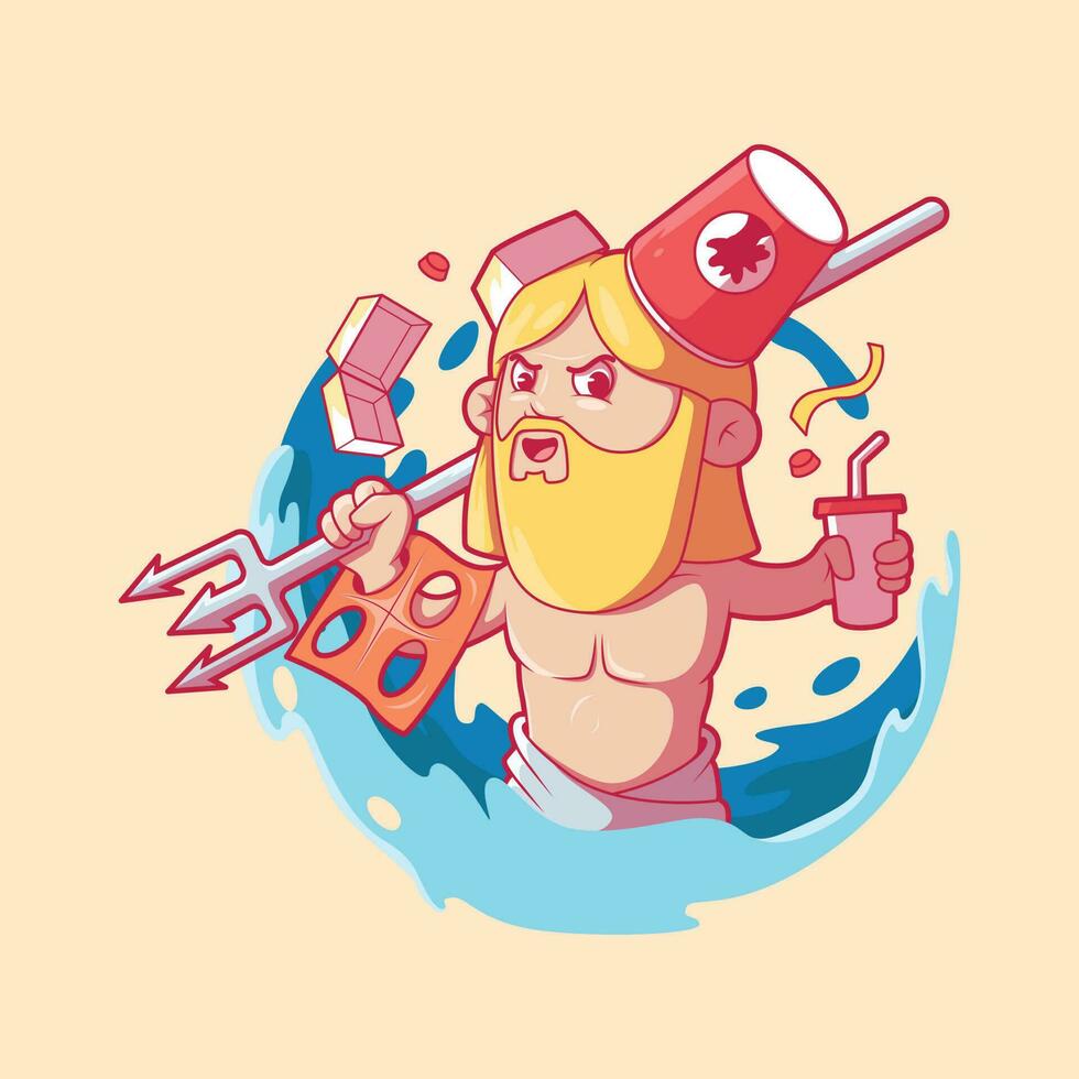 King of the Seas Poseidon covered in plastic vector illustration. Pollution, environment, recycle design concept.