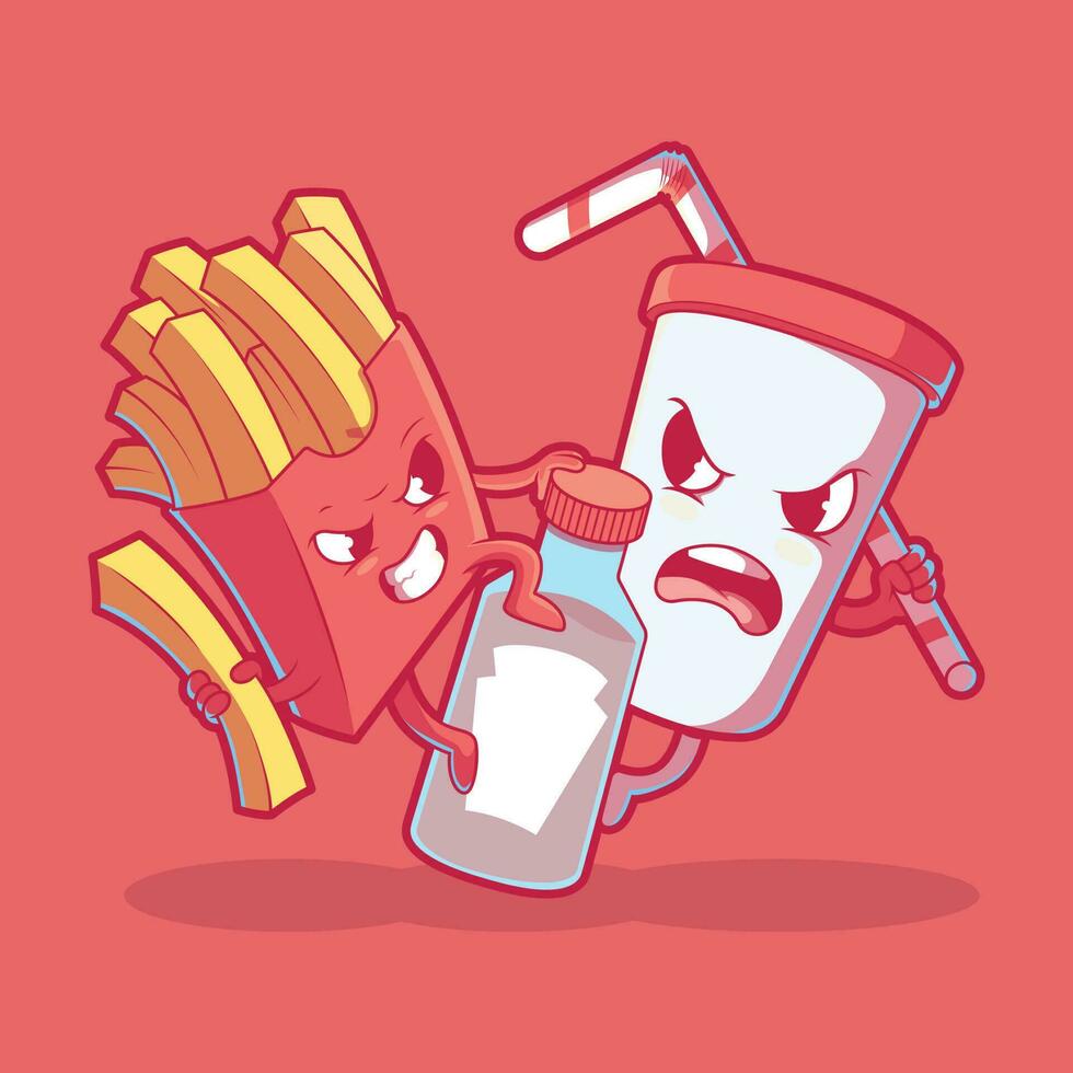 Fast food characters food fight vector illustration. Food, funny, brand design concept.