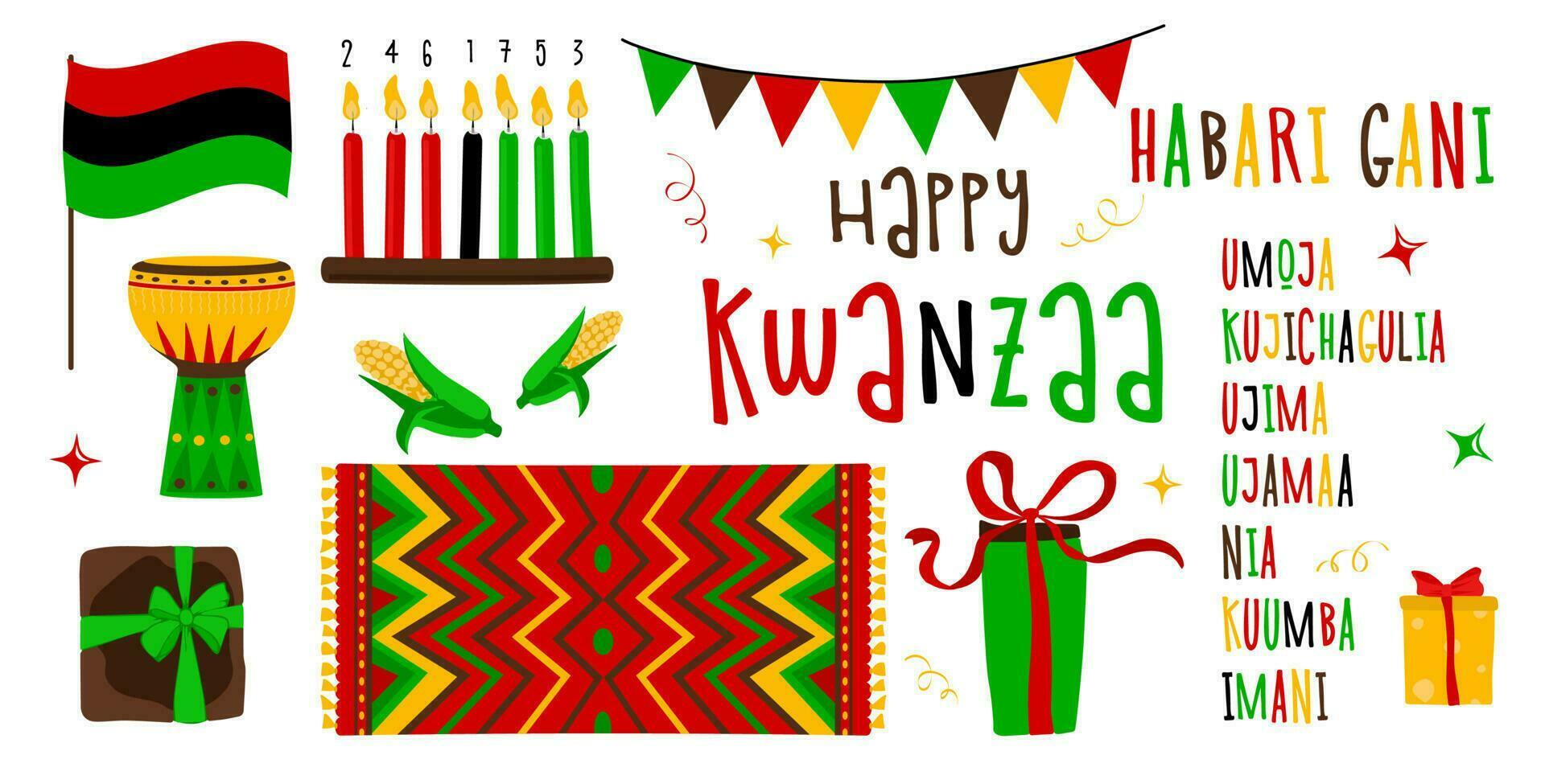 Vector collection of Happy Kwanzaa. Holiday symbols set on white background