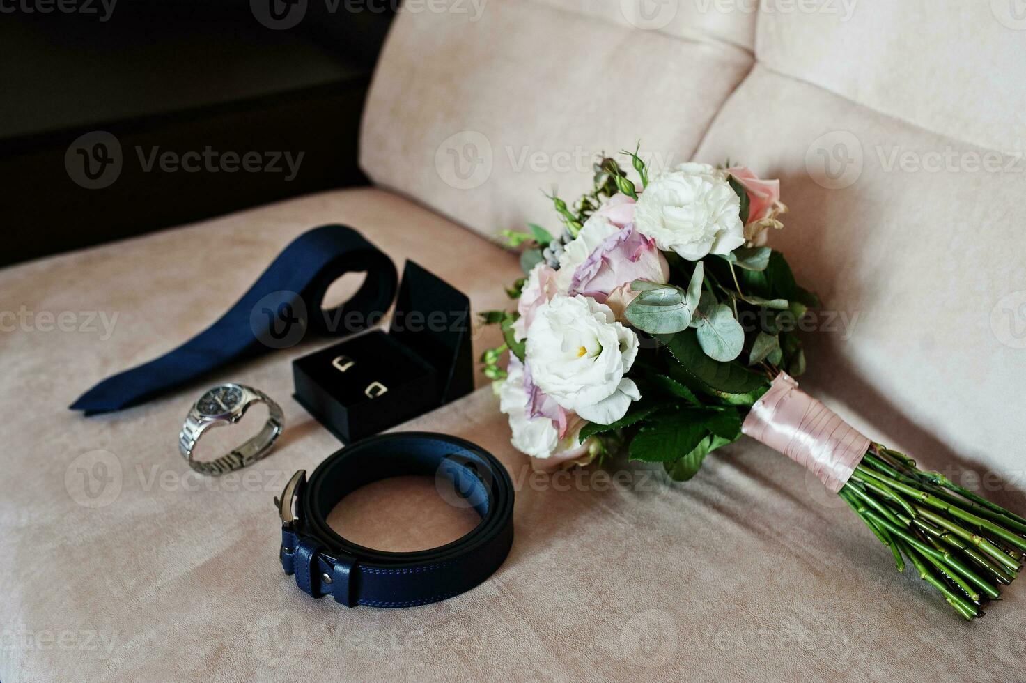 Close up of groom accessories. Wedding details. Man's style. photo