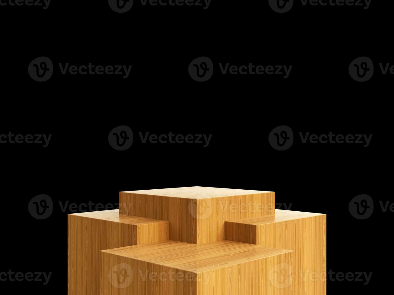 Cosmetic wood podium isolated in black background. Template for product presentation. 3d rendering photo