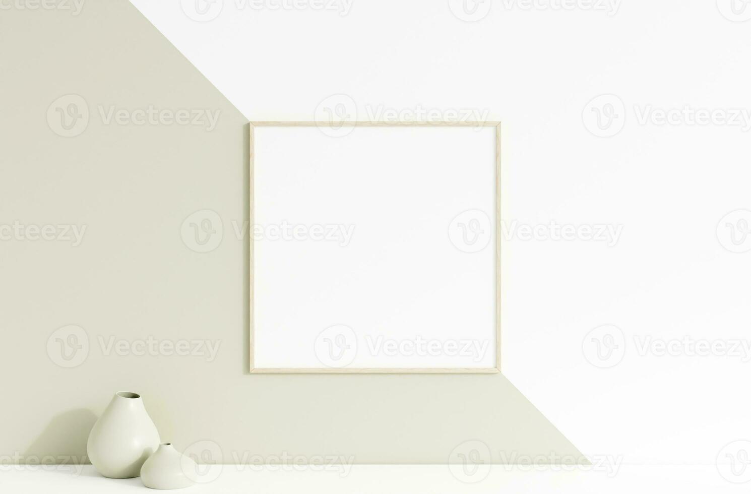 Clean and minimalist front view square wooden photo or poster frame mockup hanging on the wall with vase. 3d rendering.