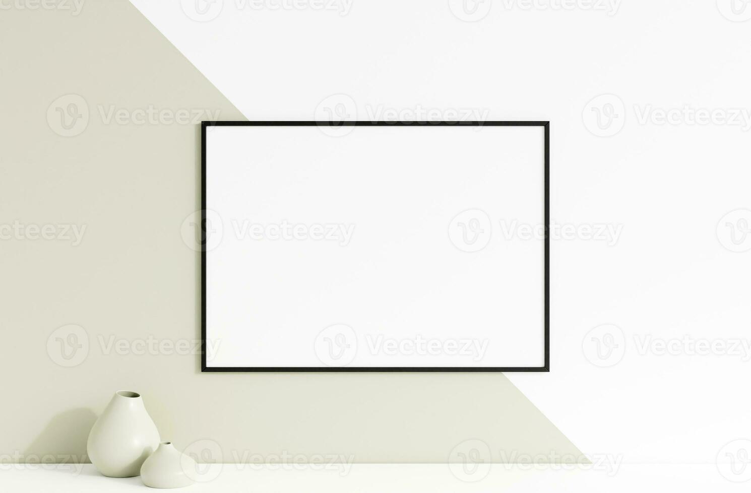 Clean and minimalist front view horizontal black photo or poster frame mockup hanging on the wall with vase. 3d rendering.