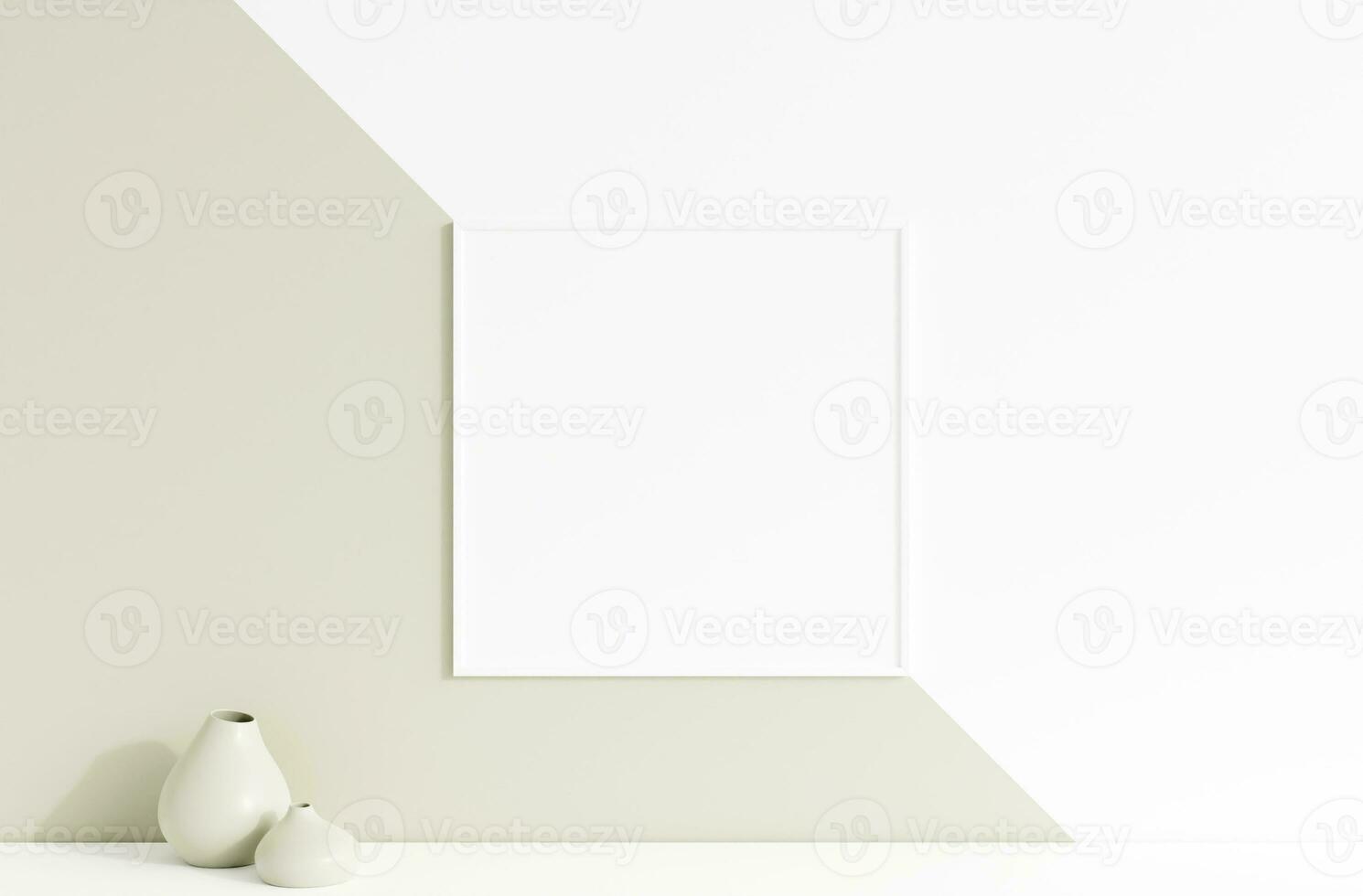 Clean and minimalist front view square white photo or poster frame mockup hanging on the wall with vase. 3d rendering.