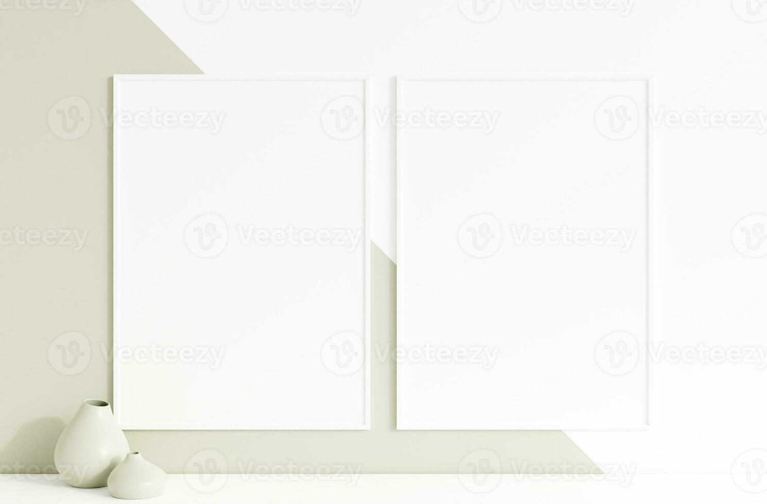 Minimalist clean vertical white photo frame mockup hanged in the wall. 3d rendering.