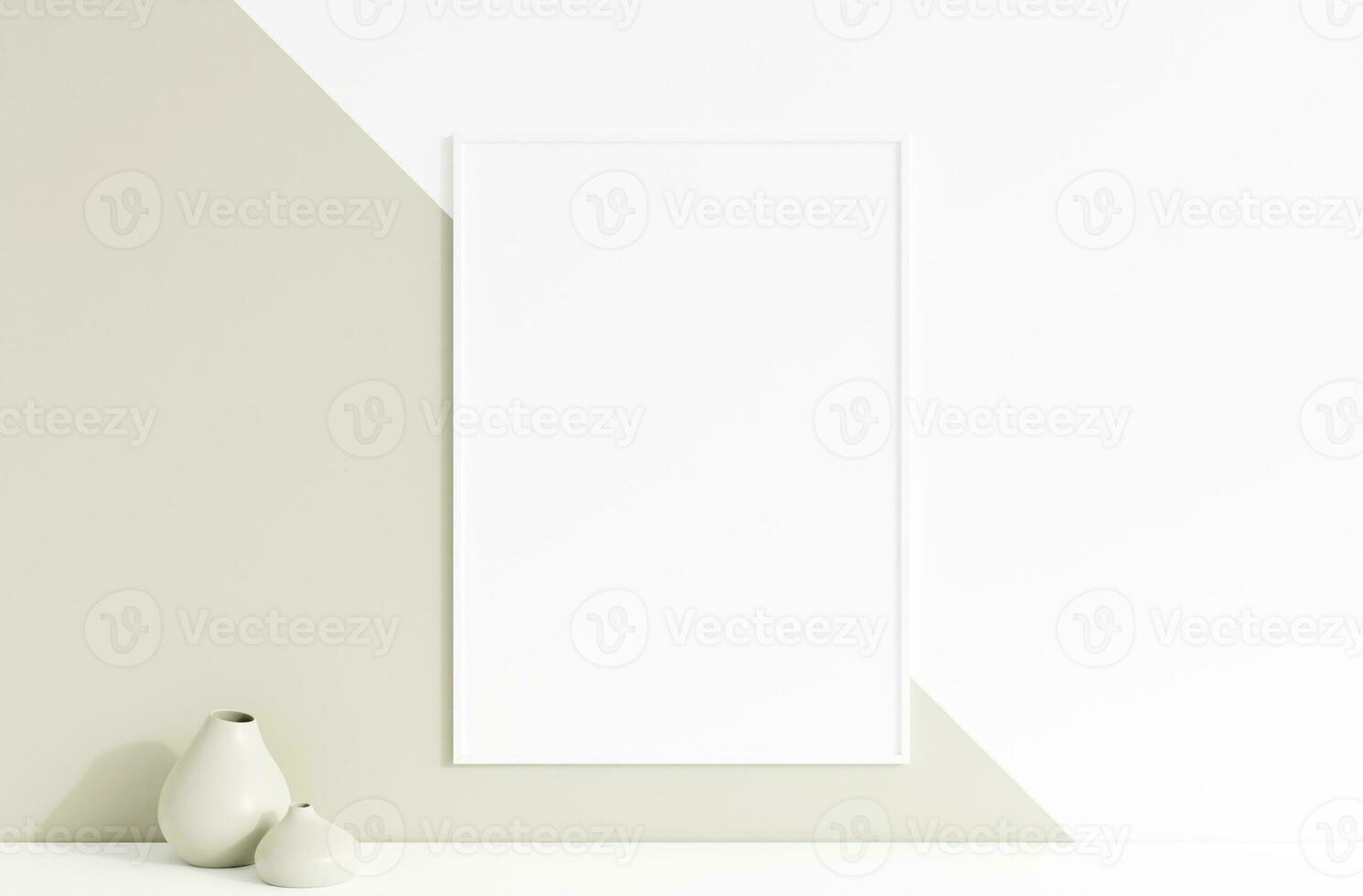 Clean and minimalist front view vertical white photo or poster frame mockup hanging on the wall with vase. 3d rendering.