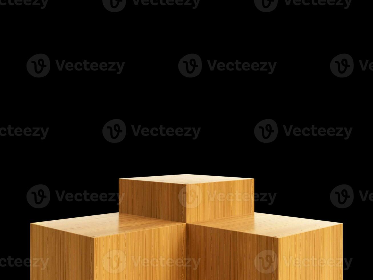 Cosmetic wood podium isolated in black background. Template for product presentation. 3d rendering photo