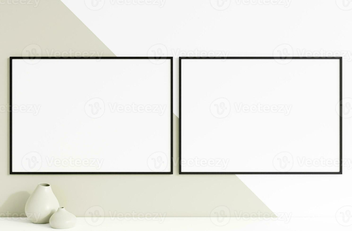 Minimalist clean horizontal black photo frame mockup hanged in the wall. 3d rendering.