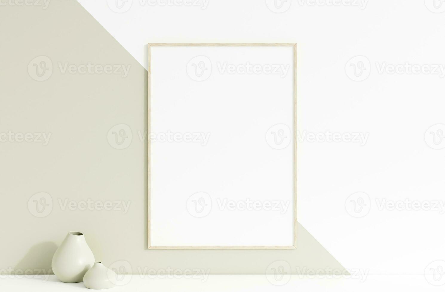 Clean and minimalist front view vertical wooden photo or poster frame mockup hanging on the wall with vase. 3d rendering.