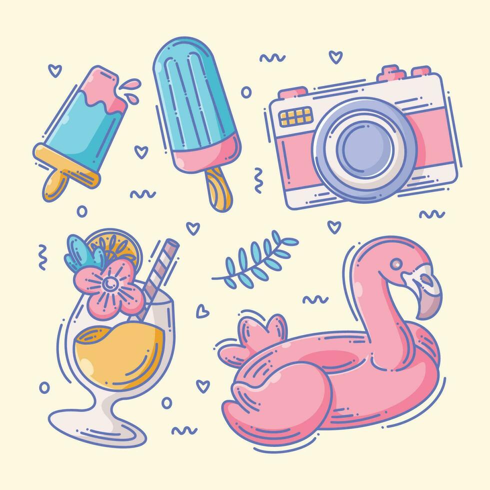 Summer icon set collection design doodle full color vector