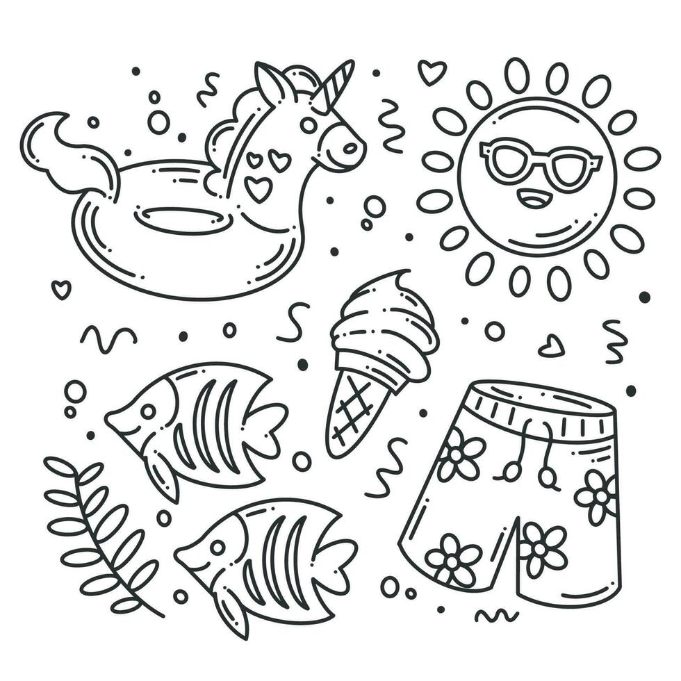 doodle de colección de iconos de verano para colorear vector