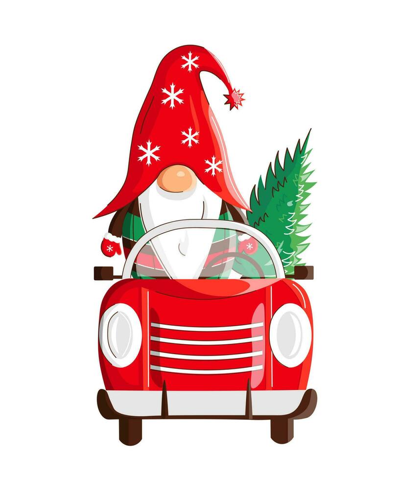 Christmas gnome in truck vector