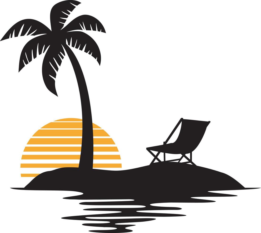 Palm Tree Sunset - Tropical Island Sunset, Summer Design, Beach Silhouette. Vector illustration.