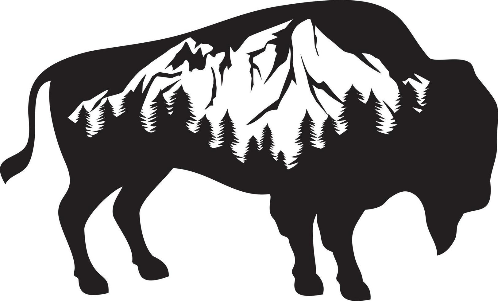American bison and mountain - hunting design. Buffalo icon. Vector illustration.