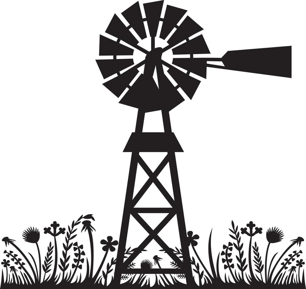 Water pumping windmill and plants landscape vector illustration