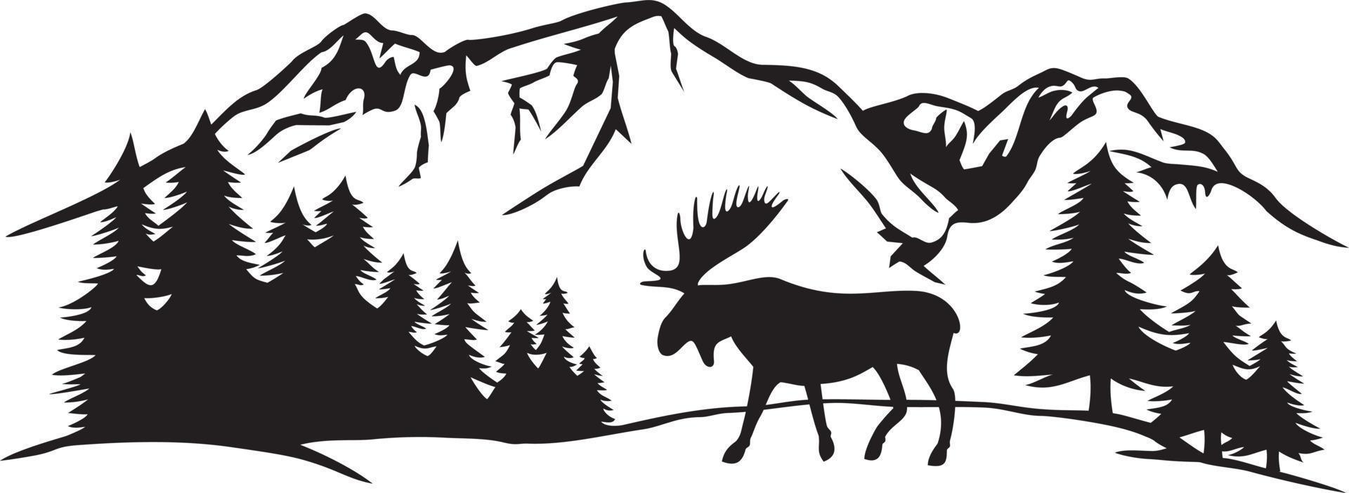 alces en las montañas ilustración vectorial en blanco y negro vector