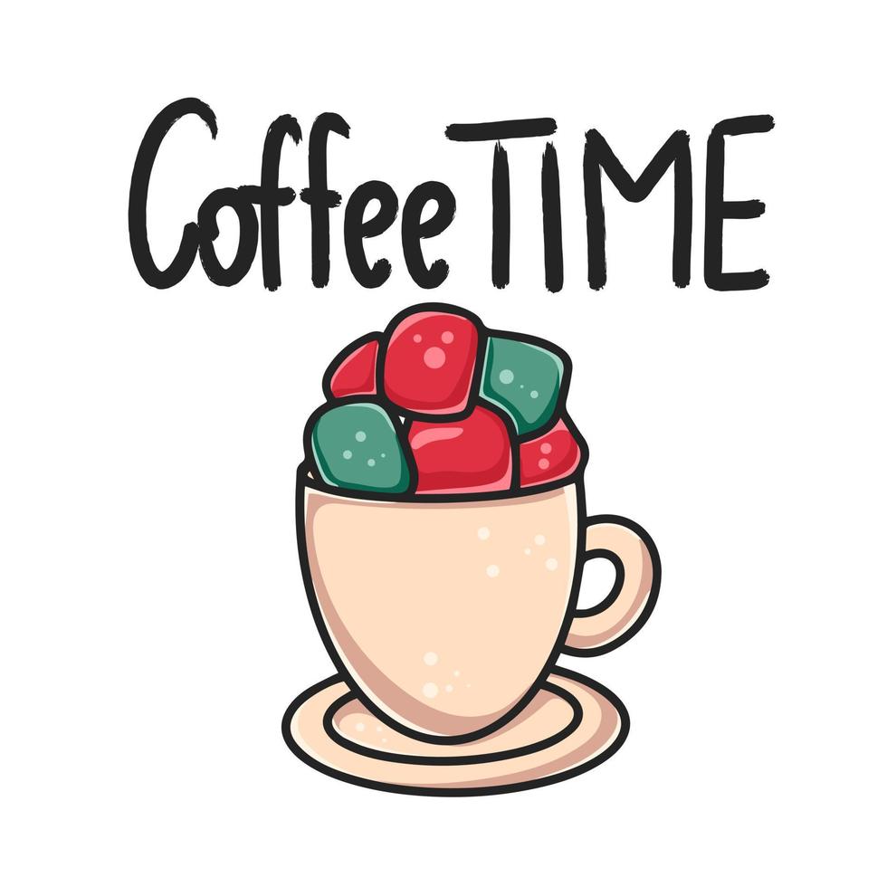 Coffee time handwritten phrase and cup with hot drink vector