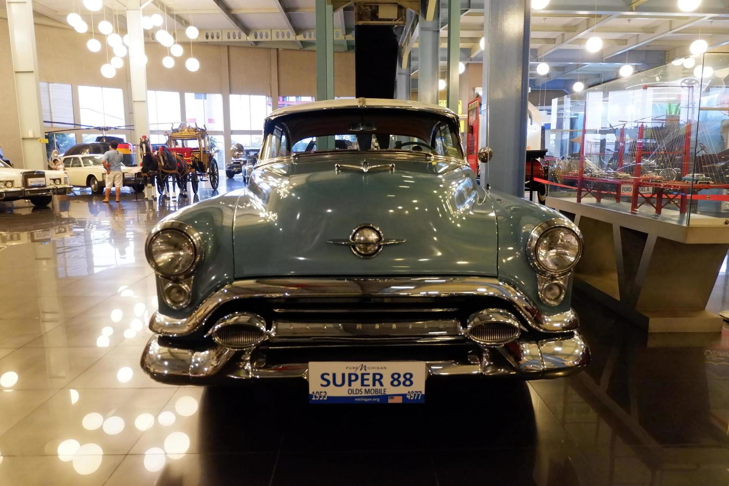 Batu, East Java, Indonesia - August  10, 2022, Super 88, Old mobile ,  Antique blue car in Angkut museum photo