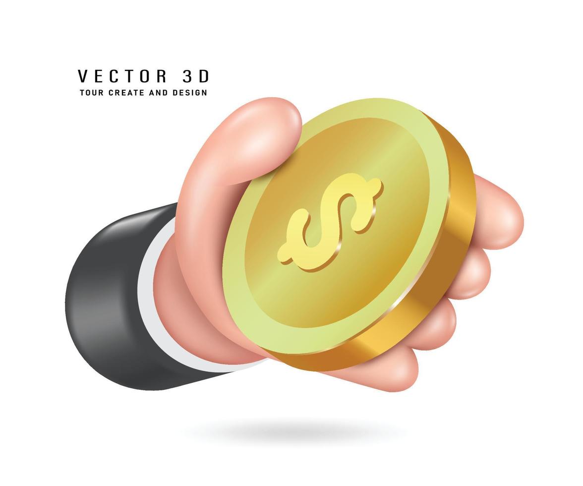 mano sosteniendo una moneda de oro o una moneda de un dólar, vector 3d aislado en fondo blanco para diseñar materiales publicitarios sobre negocios financieros o comercio en plataformas digitales de estilo minimalista