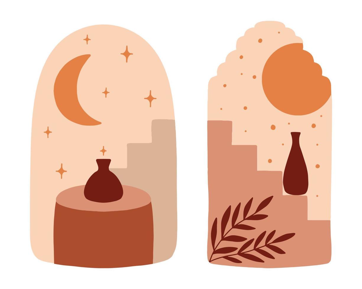 coloque un póster de ventana islámica y arco en estilo oriental con un diseño moderno en estilo boho, luna, estrellas. ilustración vectorial vector