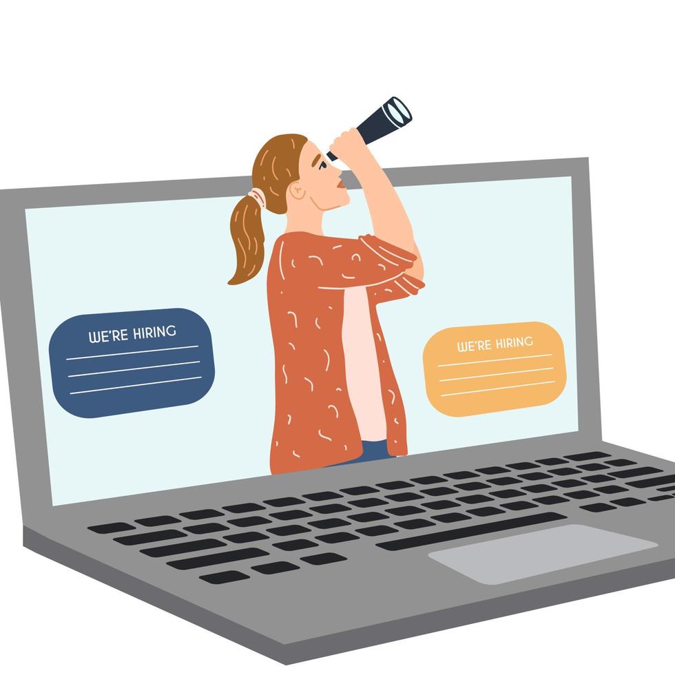 Woman with binoculars on the monitor screen searching for new employee, work candidates, hired workers. We re hiring concept, online job offer, recruitment process, vacancies on the internet vector